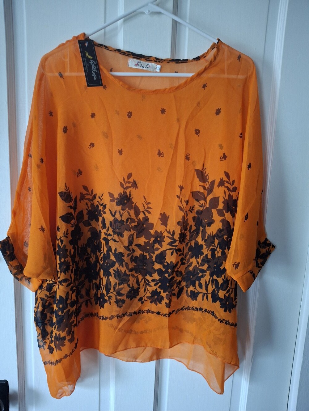 Sheer Orange Floral Tunic Top by - Lightweight Women's Blouse